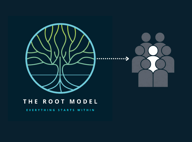 Logotipo circular de árbol lineal con flecha hacia una persona resaltada dentro de un grupo.